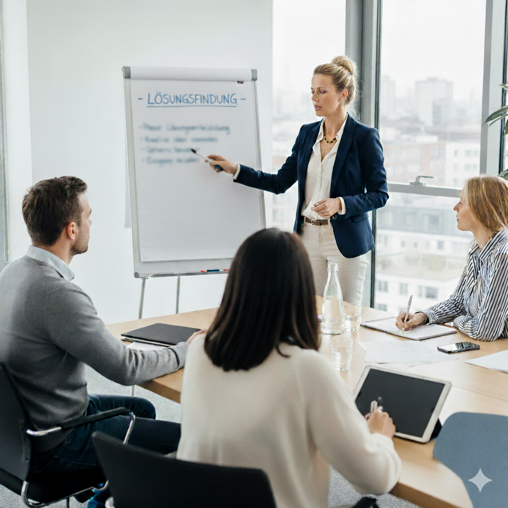 Geschäftsleute im konstruktiven Gespräch am Konferenztisch mit der Mediatorin